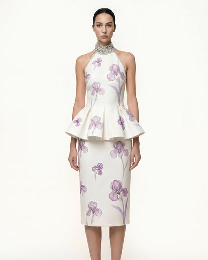 Iris Print High-Waisted Pencil Midi Skirt - White/Purple | JW PEI