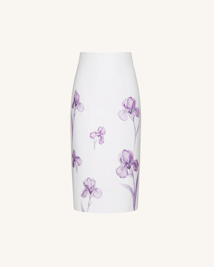 Iris Print High-Waisted Pencil Midi Skirt - White/Purple | JW PEI
