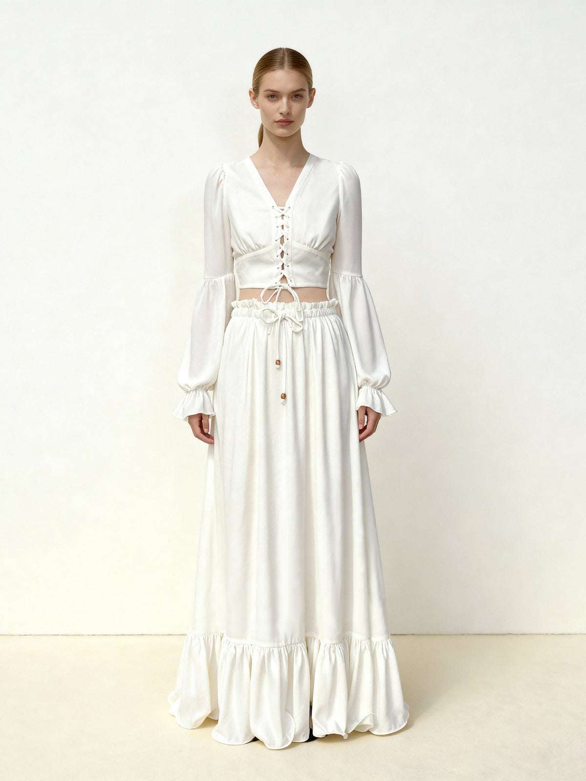 Drawstring Chiffon Maxi Skirt - White | JW PEI