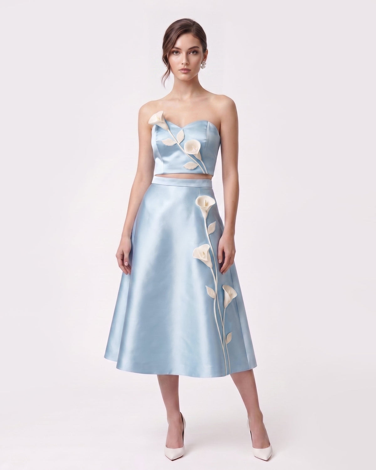 Floral Appliqué Satin Midi Skirt - Light Blue | JW PEI