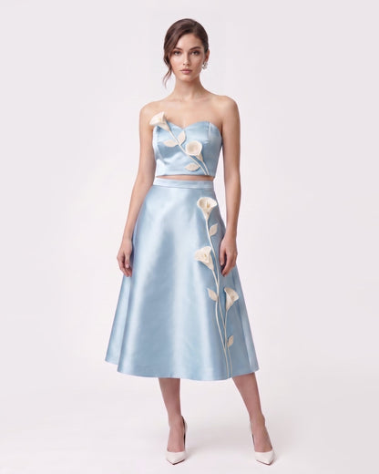 Floral Appliqué Satin Midi Skirt - Light Blue | JW PEI