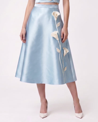 Floral Appliqué Satin Midi Skirt - Light Blue | JW PEI