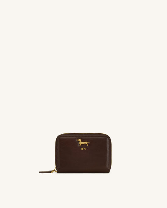 Maeve Dachshund Metal Emblem Zip Wallet - Chocolate | JW PEI