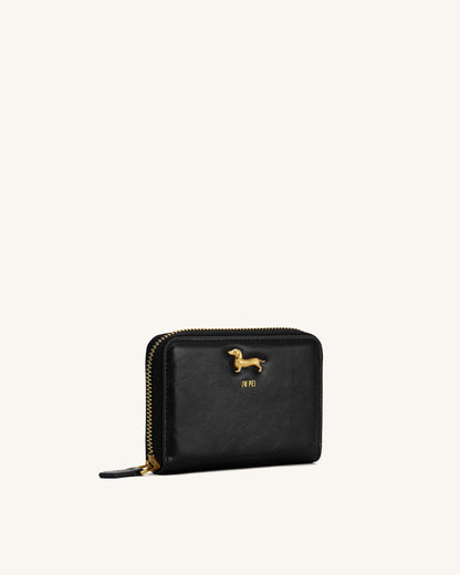Maeve Dachshund Metal Emblem Zip Wallet - Black | JW PEI